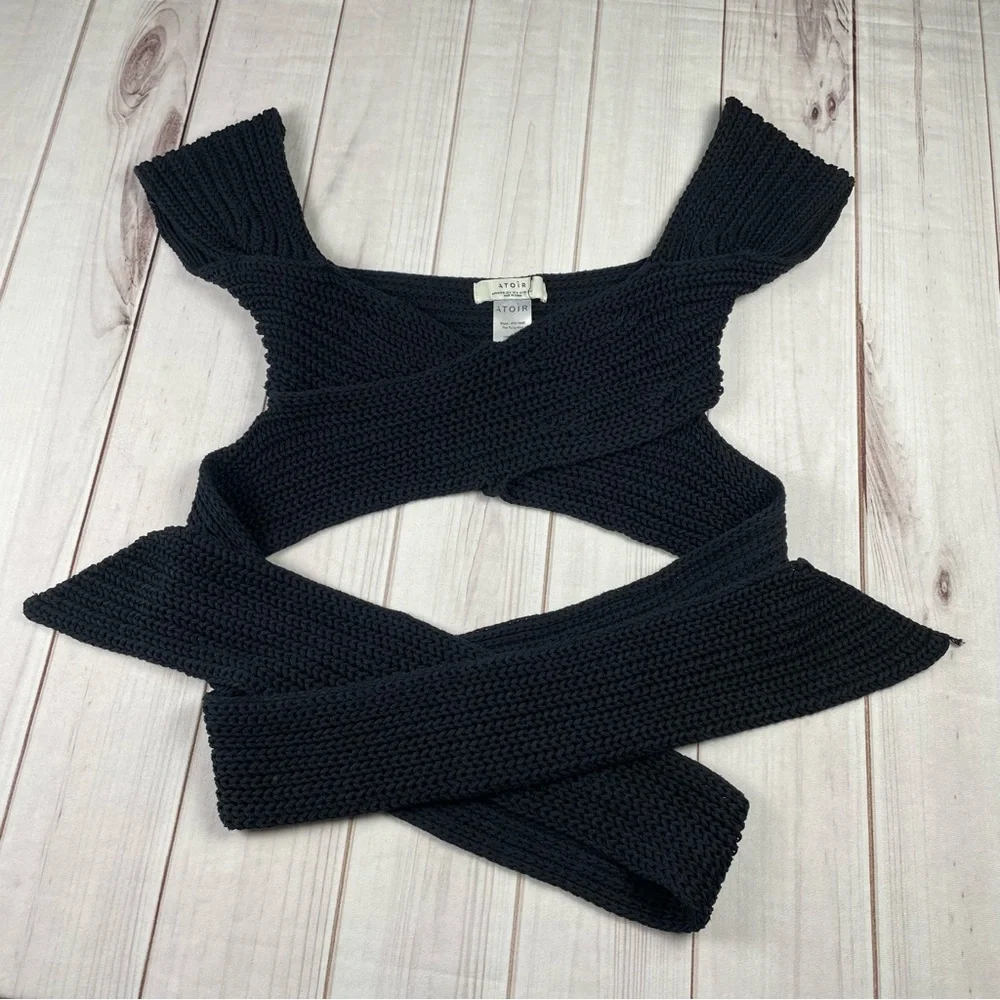 Atoir Tulip Chunky Knit Top Womens 6 Black Cropped Wrap Tie Surplice 100% Cotton - Picture 4 of 14
